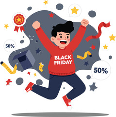 Fototapeta premium Excited young man in red sweatshirt celebrating Black Friday sales with discount symbols and festive confetti around him 