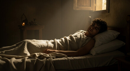 Fototapeta premium Solitary Slumber in Serenity: In a dimly lit room, a figure rests peacefully on a simple bed, bathed in the gentle, golden rays filtering through a small window.