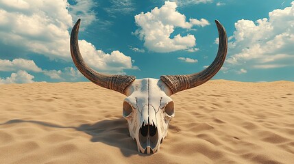 A skull with large horns rests on a sandy desert landscape under a bright blue sky with white clouds