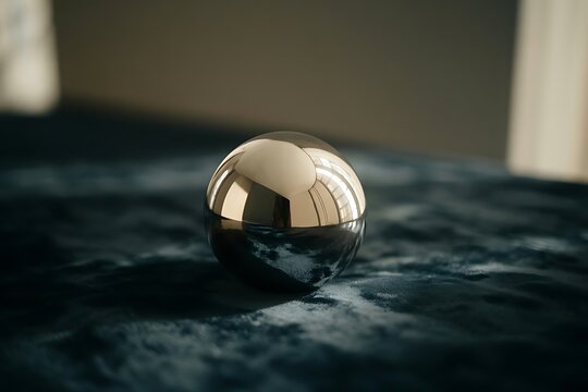 Reflective silver sphere on dark blue velvet fabric