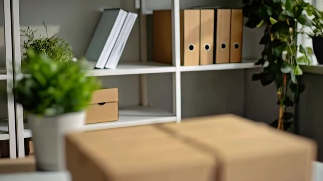 Cardboard box on white desk with twine, notebook and pencil in bright, natural light, with green potted plants and shelves in the background.