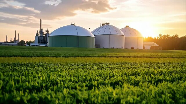 Renewable energy plant with three digester tanks at sunset over crops, sustainable biogas production farm, environmental landscape