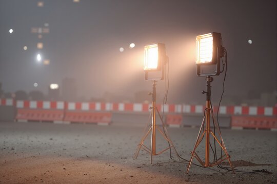 Two construction lights illuminating a dusty road at night. Bright work area lighting for renovation or emergency conditions.