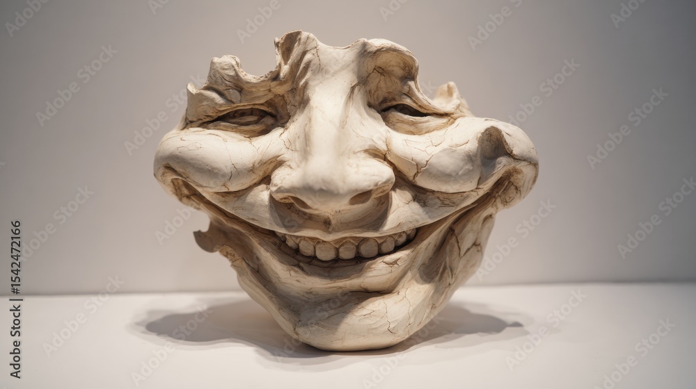 Poster distorted smile sculpture showcasing melting facial features in a minimalist art gallery environment