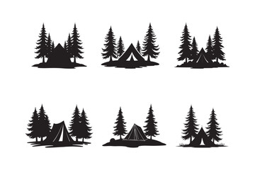 Obraz premium Camping Tent Forest Silhouette Vector Set Pine Tree Outdoor Adventure Icons