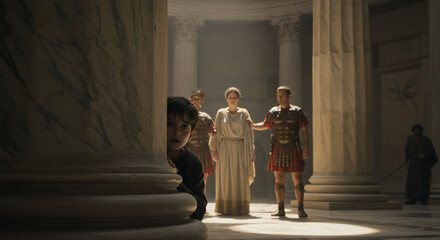 Fototapeta premium Imperial Retinue: A stately woman, possibly royalty, flanked by legionaries in full armor, exits an ancient temple amidst imposing columns and the soft glow of antiquity.