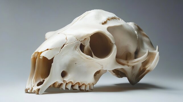 A detailed close up of a white animal skull with visible teeth and eye sockets on a gray background