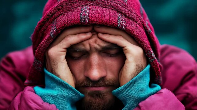 Person in pink jacket and beanie with pensive expression