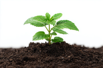 Mint plant growing in soil on white background