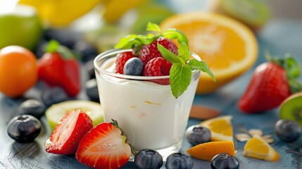 Glass of yogurt with fresh berries and mint leaf on a blue background with mixed fruit for healthy breakfast and snack.