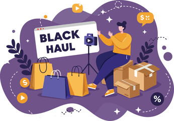Fototapeta premium Online shopping Black Haul concept with person unboxing packages and holding smartphone for video recording in purple theme 