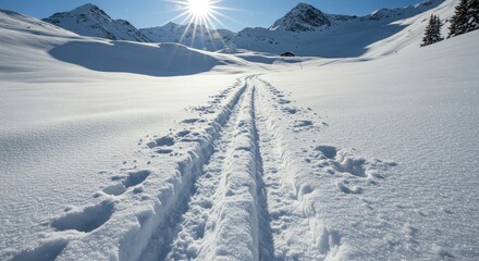 Pristine snow path winds through a winter landscape. Sunlight blazes over a mountain vista