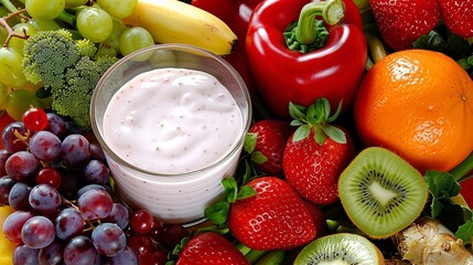 Strawberry yogurt in a glass with a colorful assortment of fresh fruit and vegetables for healthy eating and nutrition.