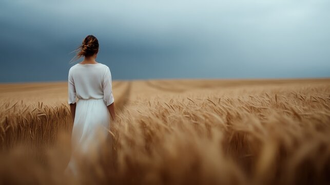 A woman in a flowing dress stands peacefully in a golden wheat field, embodying serenity and connection to nature, reflecting moments of contemplation and fulfillment in life.