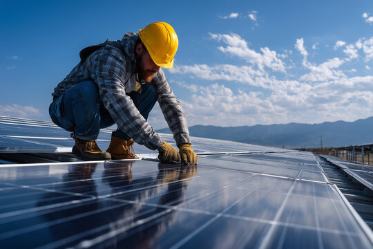Installer repairing solar panel on roof
