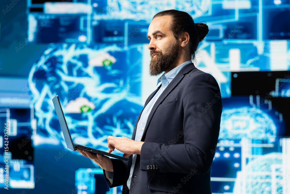 Poster male it expert interacting with a digital ai neural network to symbolize machine learning and algori