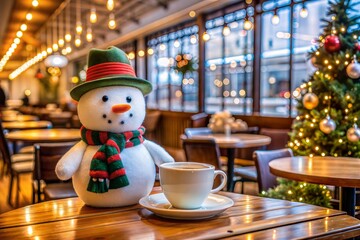 Snowman decoration and hot drink on a wood table in a cafe, christmas tree with bokeh, holiday cafe
