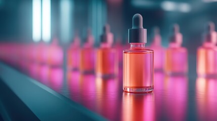 An artistic arrangement of colorful serum droppers creating an aesthetic vibe, illustrating beauty, skincare, and the allure of personal care products.