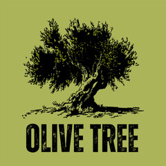 Vintage olive tree illustration, rustic black and green nature art design, perfect for organic and peaceful themes. Vector illustration