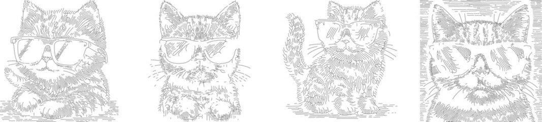 Obraz premium Set of cute cat with sunglasses outline drawing in black, minimalist cartoon vector design, hand-drawn feline illustration, trendy pet animal line art for t-shirt or print use