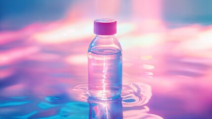 Clear small bottle with pink cap reflecting vibrant purple and blue light on water surface. Modern beauty product or liquid container.