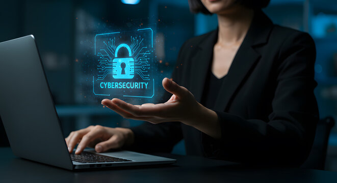 Cybersecurity solution interface. Woman interacting with digital lock icon, symbolising protection of online data and digital infrastructure