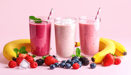 Three colorful smoothies are placed with fruit on a pink background.