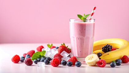 Refreshing berry smoothie with fruit and ice against a pink background.