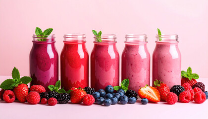 Row of colorful berry smoothies in glass bottles, a vibrant and healthy treat.