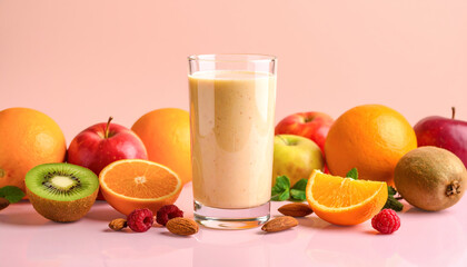 Vibrant smoothie surrounded by colorful assortment of fresh fruits and almonds.