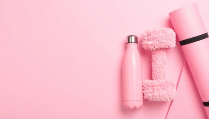 Pink fitness: water bottle, fluffy dumbbell, and yoga mat on a pink background.