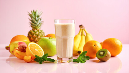 A refreshing fruit smoothie with fresh fruit arranged on a pink backdrop.