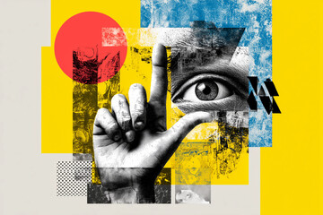 Eye and hand graphic collage on yellow