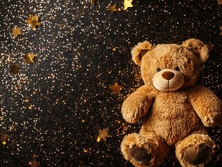 Brown teddy bear with a golden glitter bow on a dark background. Bokeh light. Birthday gift concept.