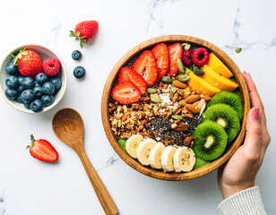 Colorful fruit smoothie bowl held by a woman's hand on marble background.