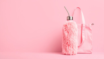 Pink themed reusable water bottle with straw and pink canvas tote bag on display
