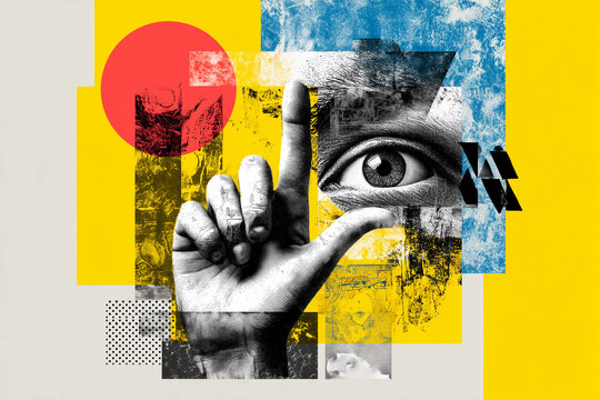 Eye and hand graphic collage on yellow