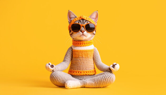 Zen Cat: Meditating feline in knitted clothes, sunglasses on a yellow background