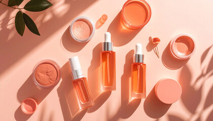 Peach-toned skincare and makeup arranged artfully on a light pink surface.