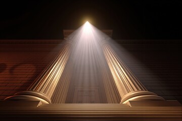 Grand classical building with ancient Roman columns and steps. Light rays stream from top creating a mystical effect showing concept.