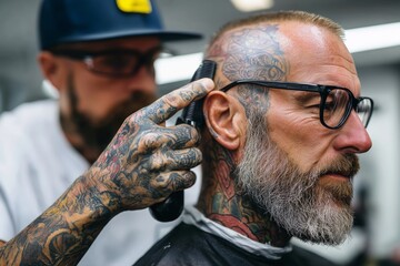 Tattooed barber giving a precise haircut to a bearded man with head tattoos and glasses in modern barbershop