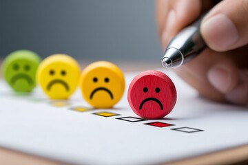 Red sad face selected on rating form with other unhappy faces in background, representing negative feedback, dissatisfaction, and poor service evaluation