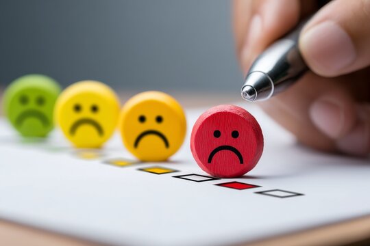Red sad face selected on rating form with other unhappy faces in background, representing negative feedback, dissatisfaction, and poor service evaluation