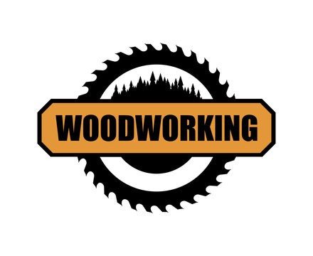 Woodworking carpentry icon of saw blade and forest trees for carpenter service, vector emblem. Wood handyman and lumber furniture workshop icon of sawmill blade circle and forest trees silhouette sign
