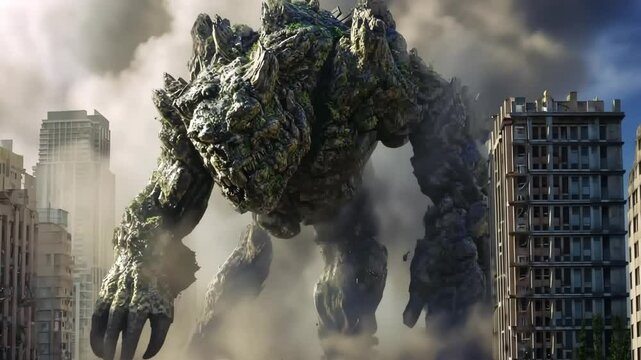 Giant monster creature destroying city buildings