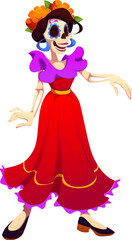 Day of the dead Catrina dancer holiday character, female skeleton in a traditional red and purple Day of the Dead outfit, face is decorated with sugar skull pattern and she wears marigold flower crown