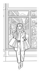 Woman shopping and admiring window display, embodying urban fashion and style
