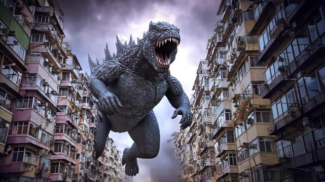 Giant monster creature destroying city buildings