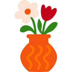 Cartoon orange vase with wavy pattern and red white flowers flat floral illustration