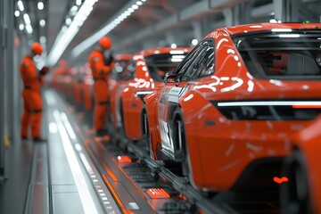 Fototapeta premium A futuristic robotic assembly line in a factory producing next-generation autonomous cars. Engineers monitor AI-powered machines assembling car bodies with laser precision